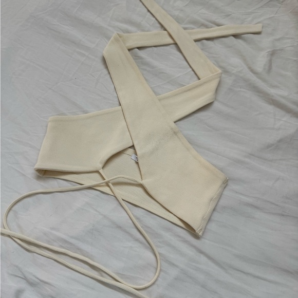 Peppermayo Tops - Cream Ribbed Cross-Front Crop Top Peppermayo